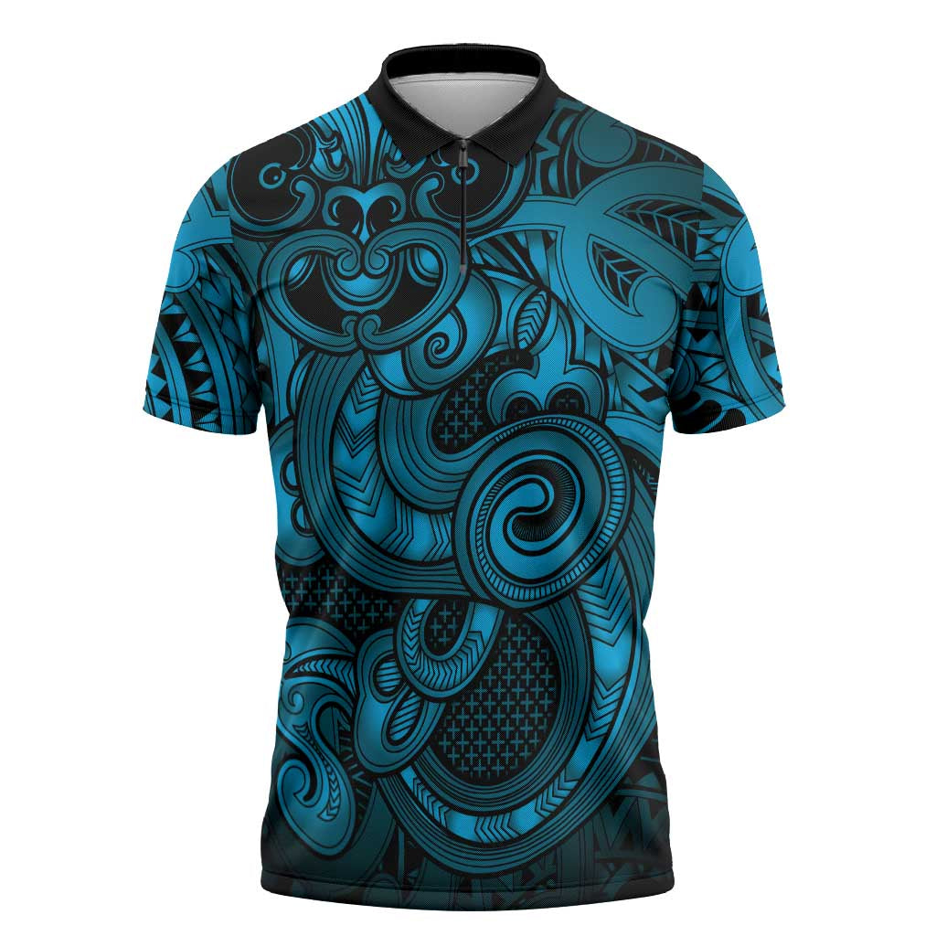 Aotearoa Maori Hei Tiki Zipper Polo Shirt Kikorangi Kowhaiwhai Puhoro Motif LT9 Blue - Polynesian Pride