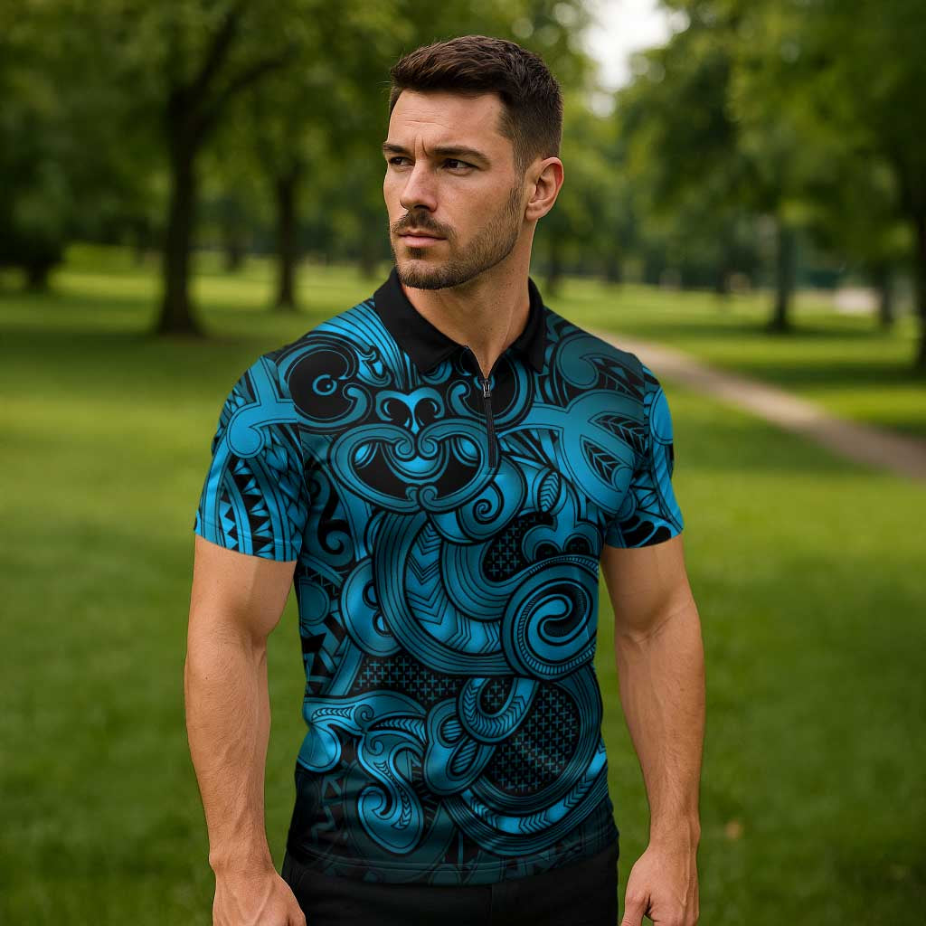 Aotearoa Maori Hei Tiki Zipper Polo Shirt Kikorangi Kowhaiwhai Puhoro Motif LT9 - Polynesian Pride