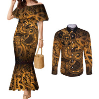 Aotearoa Maori Hei Tiki Couples Matching Mermaid Dress and Long Sleeve Button Shirt Koura Kowhaiwhai Puhoro Motif LT9 Gold - Polynesian Pride