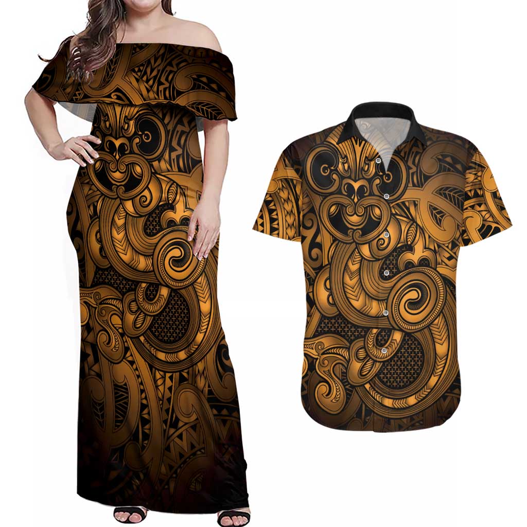 Aotearoa Maori Hei Tiki Couples Matching Off Shoulder Maxi Dress and Hawaiian Shirt Koura Kowhaiwhai Puhoro Motif