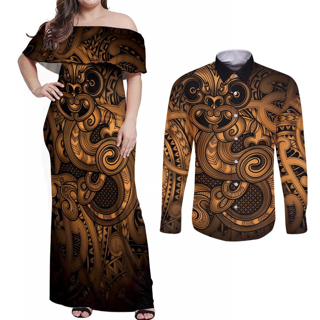 Aotearoa Maori Hei Tiki Couples Matching Off Shoulder Maxi Dress and Long Sleeve Button Shirt Koura Kowhaiwhai Puhoro Motif LT9 Gold - Polynesian Pride