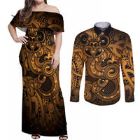 Aotearoa Maori Hei Tiki Couples Matching Off Shoulder Maxi Dress and Long Sleeve Button Shirt Koura Kowhaiwhai Puhoro Motif LT9 Gold - Polynesian Pride