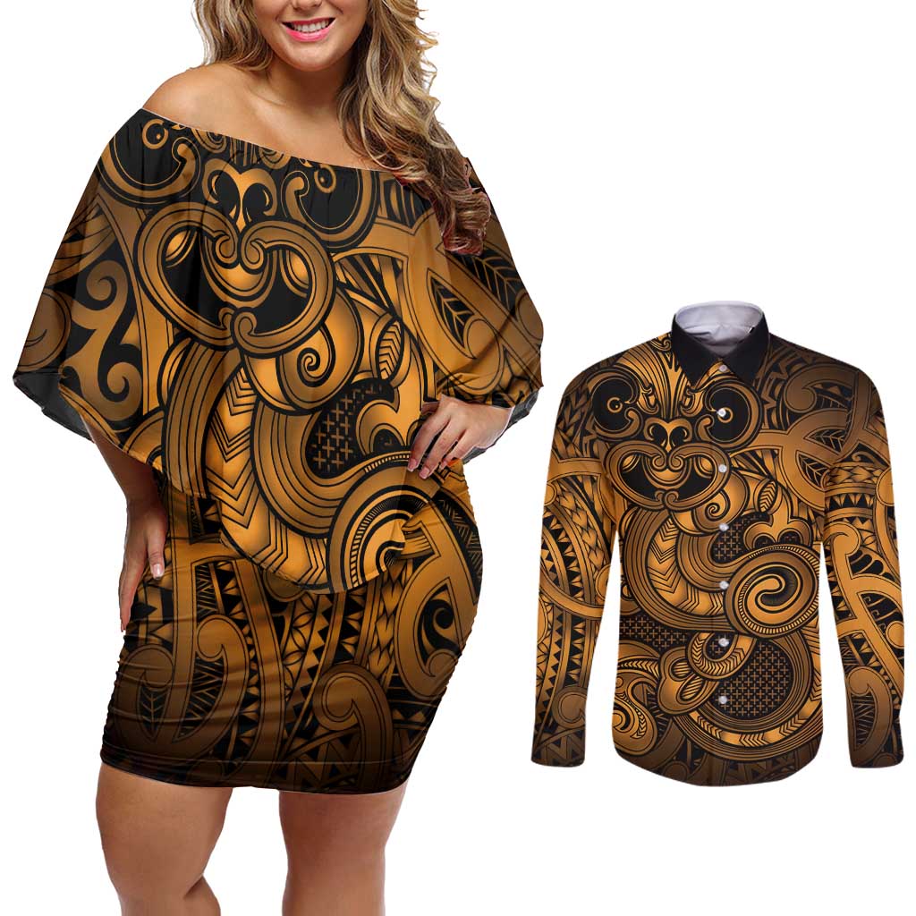 Aotearoa Maori Hei Tiki Couples Matching Off Shoulder Short Dress and Long Sleeve Button Shirt Koura Kowhaiwhai Puhoro Motif LT9 Gold - Polynesian Pride