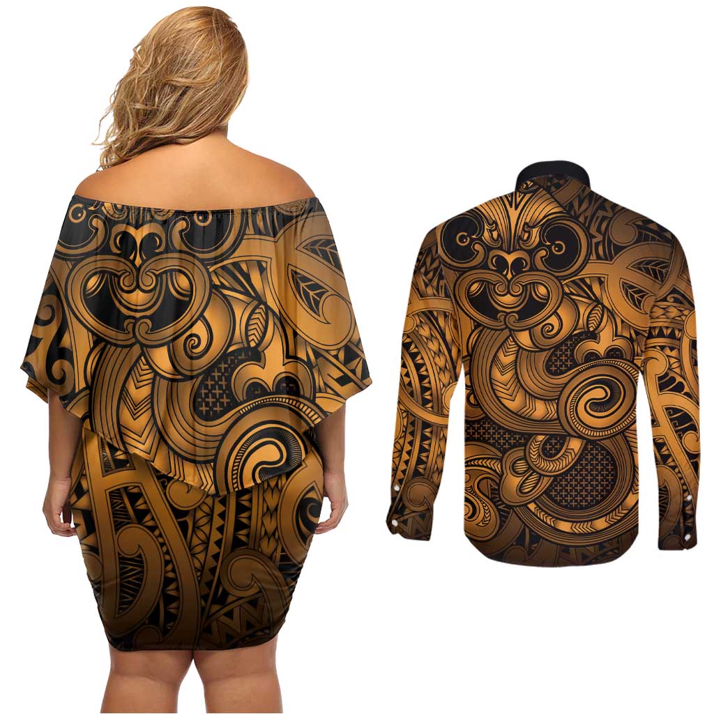 Aotearoa Maori Hei Tiki Couples Matching Off Shoulder Short Dress and Long Sleeve Button Shirt Koura Kowhaiwhai Puhoro Motif LT9 - Polynesian Pride