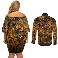 Aotearoa Maori Hei Tiki Couples Matching Off Shoulder Short Dress and Long Sleeve Button Shirt Koura Kowhaiwhai Puhoro Motif LT9 - Polynesian Pride