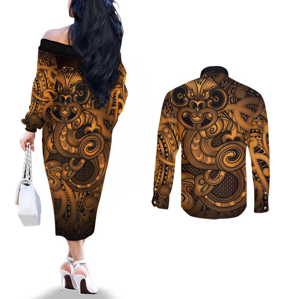 Aotearoa Maori Hei Tiki Couples Matching Off The Shoulder Long Sleeve Dress and Long Sleeve Button Shirt Koura Kowhaiwhai Puhoro Motif LT9 - Polynesian Pride