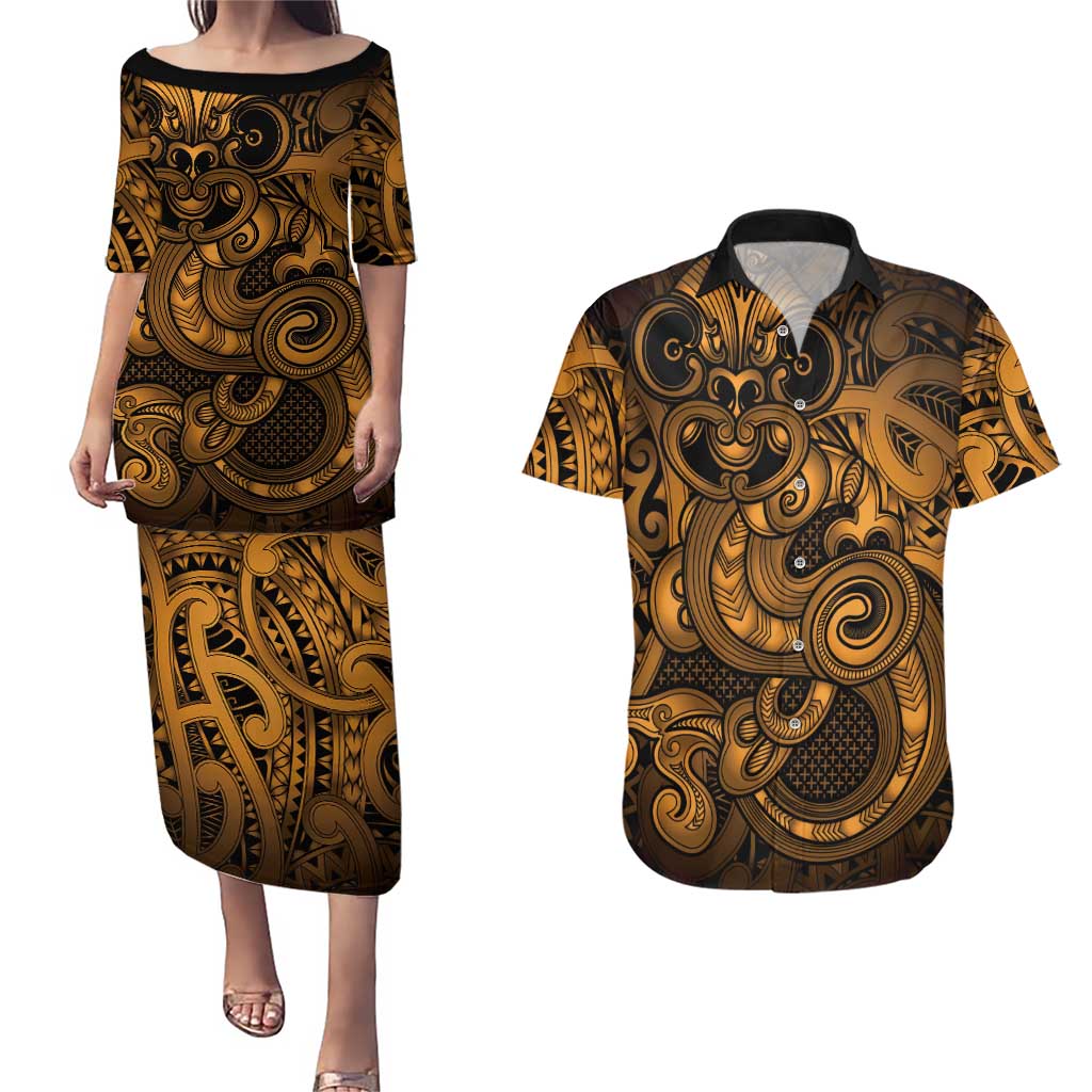 Aotearoa Maori Hei Tiki Couples Matching Puletasi and Hawaiian Shirt Koura Kowhaiwhai Puhoro Motif LT9 Gold - Polynesian Pride