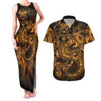 Aotearoa Maori Hei Tiki Couples Matching Tank Maxi Dress and Hawaiian Shirt Koura Kowhaiwhai Puhoro Motif LT9 Gold - Polynesian Pride