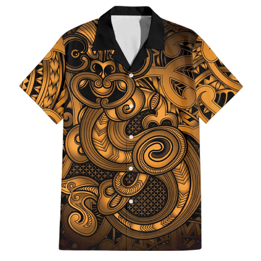 Aotearoa Maori Hei Tiki Family Matching Off The Shoulder Long Sleeve Dress and Hawaiian Shirt Koura Kowhaiwhai Puhoro Motif LT9 Dad's Shirt - Short Sleeve Gold - Polynesian Pride