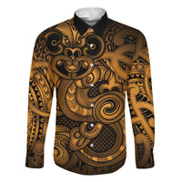 Aotearoa Maori Hei Tiki Family Matching Off The Shoulder Long Sleeve Dress and Hawaiian Shirt Koura Kowhaiwhai Puhoro Motif LT9 Dad's Shirt - Long Sleeve Gold - Polynesian Pride