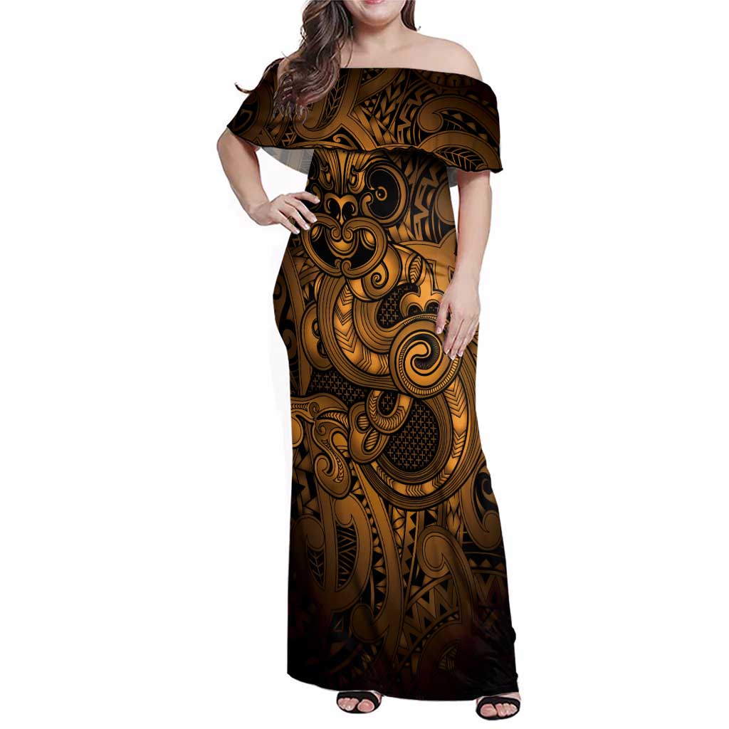 Aotearoa Maori Hei Tiki Family Matching Off Shoulder Maxi Dress and Hawaiian Shirt Koura Kowhaiwhai Puhoro Motif LT9 Mom's Dress Gold - Polynesian Pride