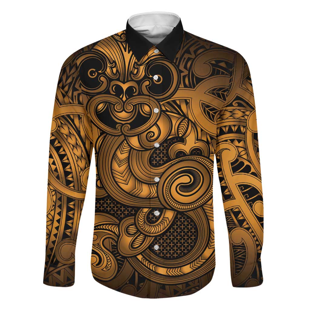 Aotearoa Maori Hei Tiki Family Matching Off Shoulder Short Dress and Hawaiian Shirt Koura Kowhaiwhai Puhoro Motif LT9 Dad's Shirt - Long Sleeve Gold - Polynesian Pride