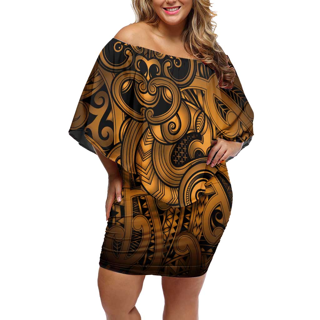 Aotearoa Maori Hei Tiki Family Matching Off Shoulder Short Dress and Hawaiian Shirt Koura Kowhaiwhai Puhoro Motif LT9 Mom's Dress Gold - Polynesian Pride