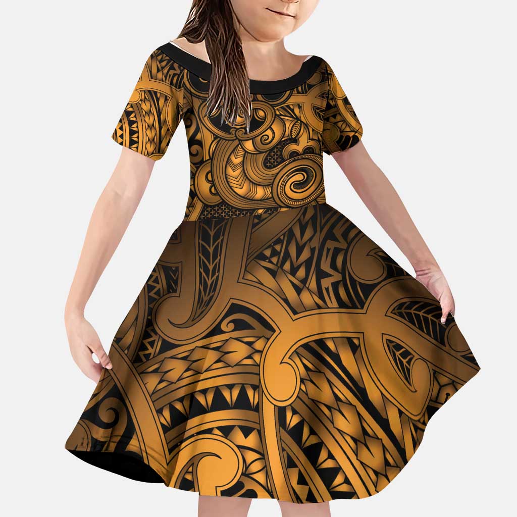 Aotearoa Maori Hei Tiki Family Matching Short Sleeve Bodycon Dress and Hawaiian Shirt Koura Kowhaiwhai Puhoro Motif LT9 Daughter's Dress Gold - Polynesian Pride