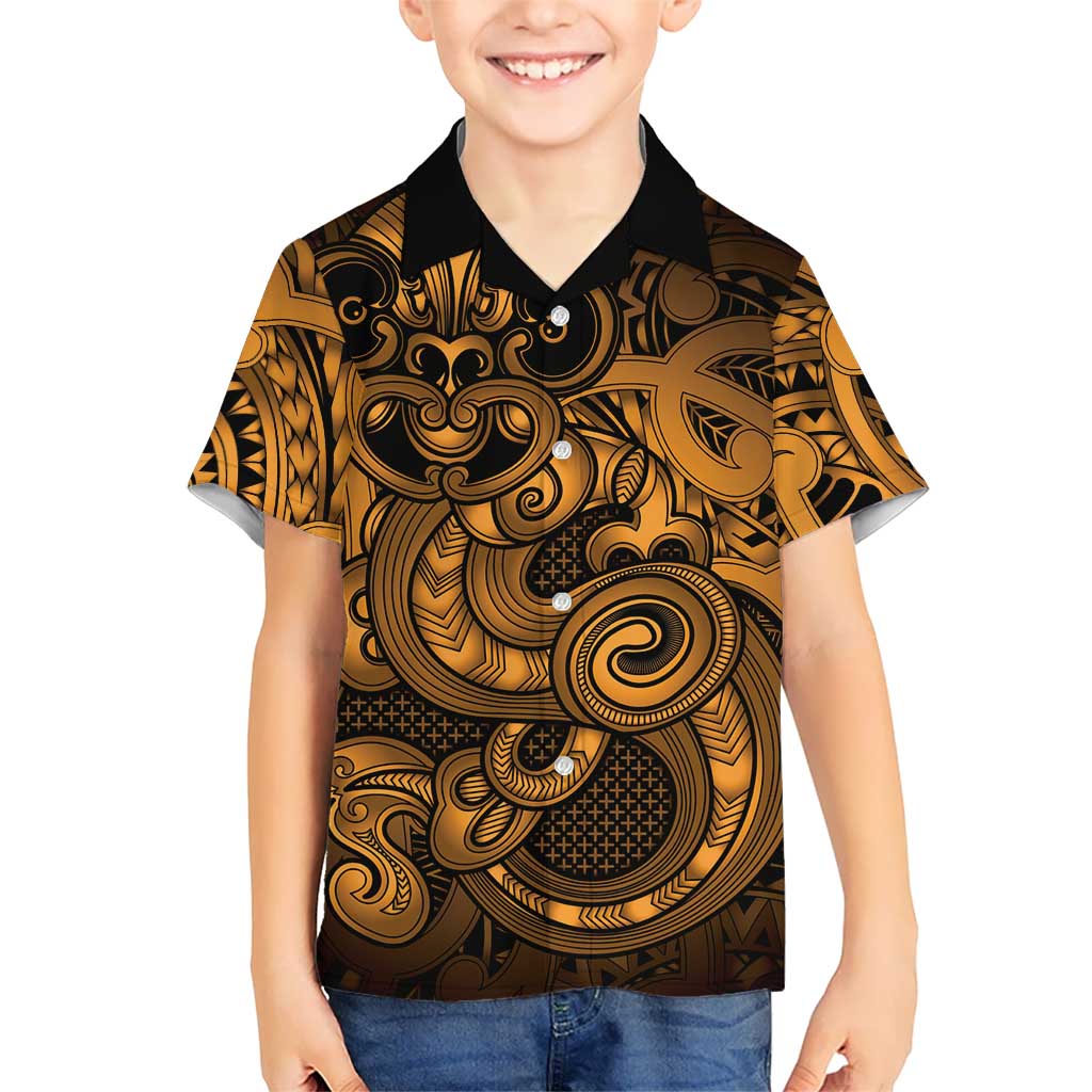 Aotearoa Maori Hei Tiki Family Matching Summer Maxi Dress and Hawaiian Shirt Koura Kowhaiwhai Puhoro Motif LT9 Son's Shirt Gold - Polynesian Pride