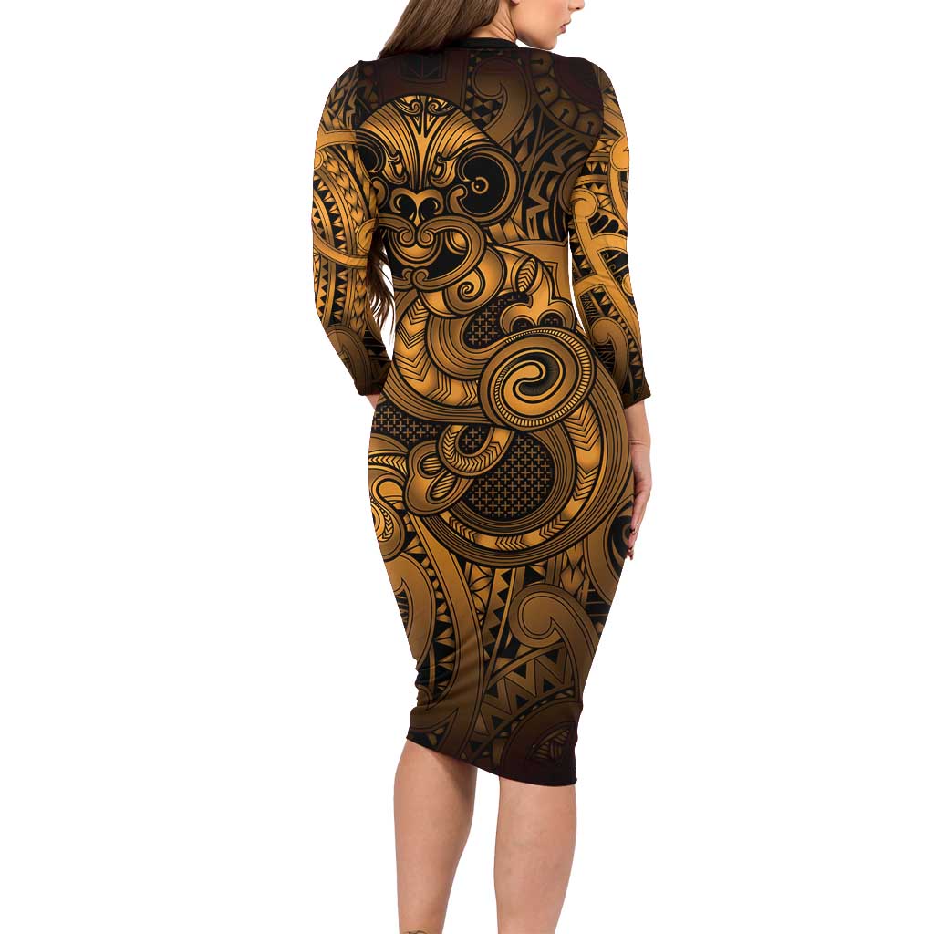 Aotearoa Maori Hei Tiki Long Sleeve Bodycon Dress Koura Kowhaiwhai Puhoro Motif LT9 - Polynesian Pride