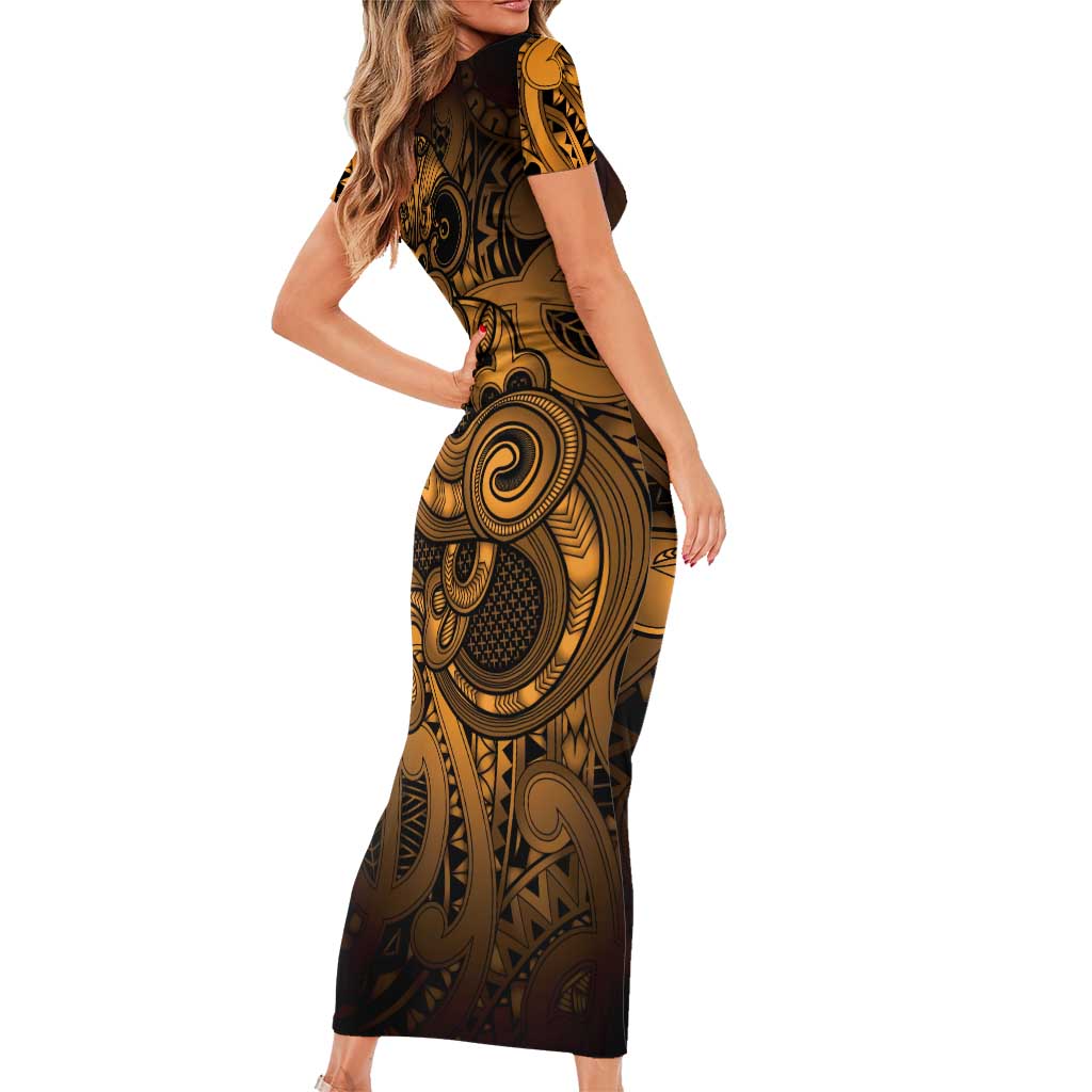 Aotearoa Maori Hei Tiki Short Sleeve Bodycon Dress Koura Kowhaiwhai Puhoro Motif LT9 - Polynesian Pride