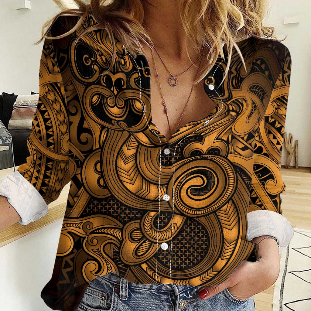 Aotearoa Maori Hei Tiki Women Casual Shirt Koura Kowhaiwhai Puhoro Motif LT9 Female Gold - Polynesian Pride