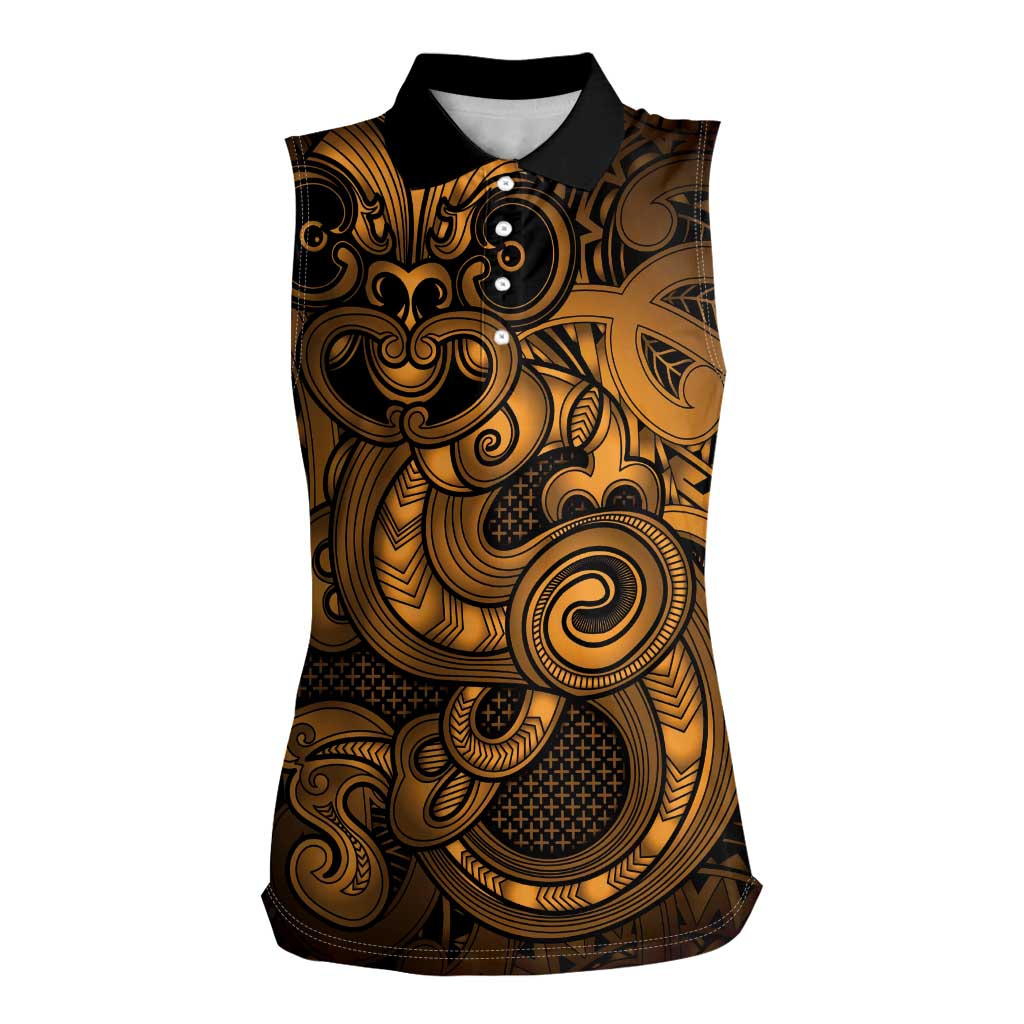 Aotearoa Maori Hei Tiki Women Sleeveless Polo Shirt Koura Kowhaiwhai Puhoro Motif LT9 Female Gold - Polynesian Pride