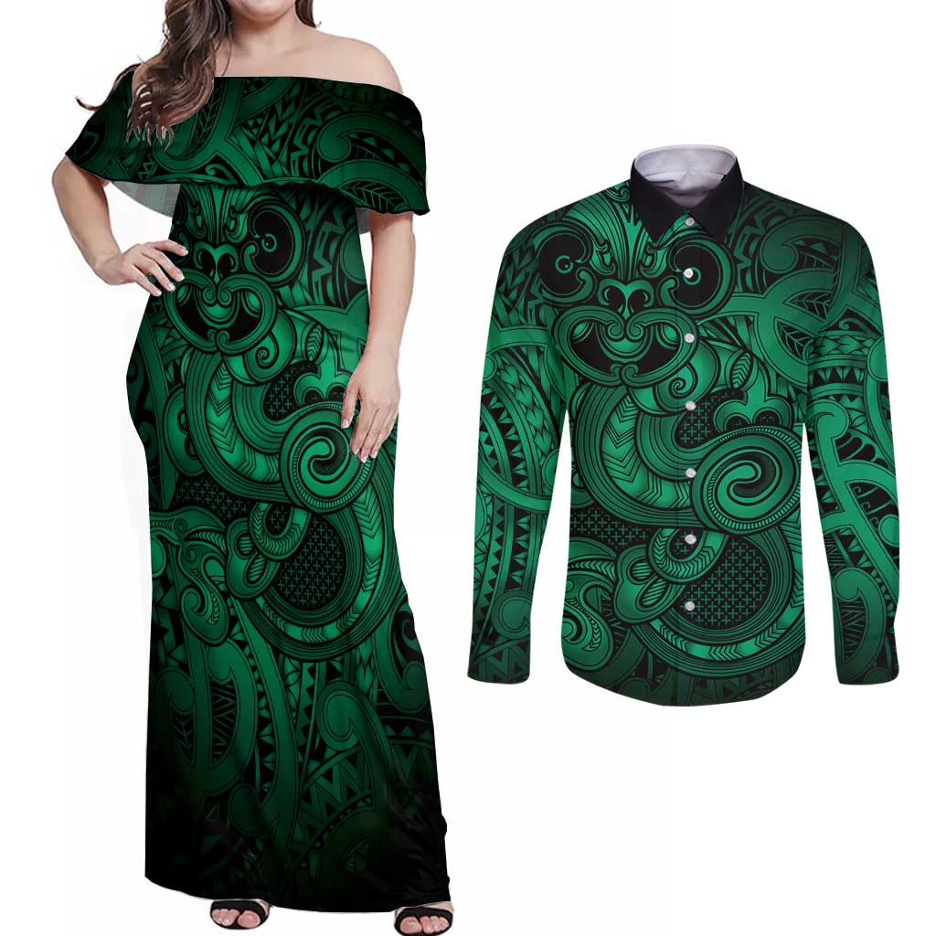 Aotearoa Maori Hei Tiki Couples Matching Off Shoulder Maxi Dress and Long Sleeve Button Shirt Kakariki Kowhaiwhai Puhoro Motif LT9 Green - Polynesian Pride
