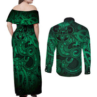 Aotearoa Maori Hei Tiki Couples Matching Off Shoulder Maxi Dress and Long Sleeve Button Shirt Kakariki Kowhaiwhai Puhoro Motif LT9 - Polynesian Pride