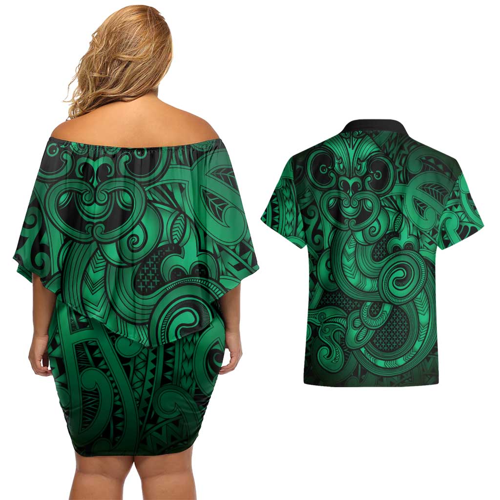 Aotearoa Maori Hei Tiki Couples Matching Off Shoulder Short Dress and Hawaiian Shirt Kakariki Kowhaiwhai Puhoro Motif LT9 - Polynesian Pride