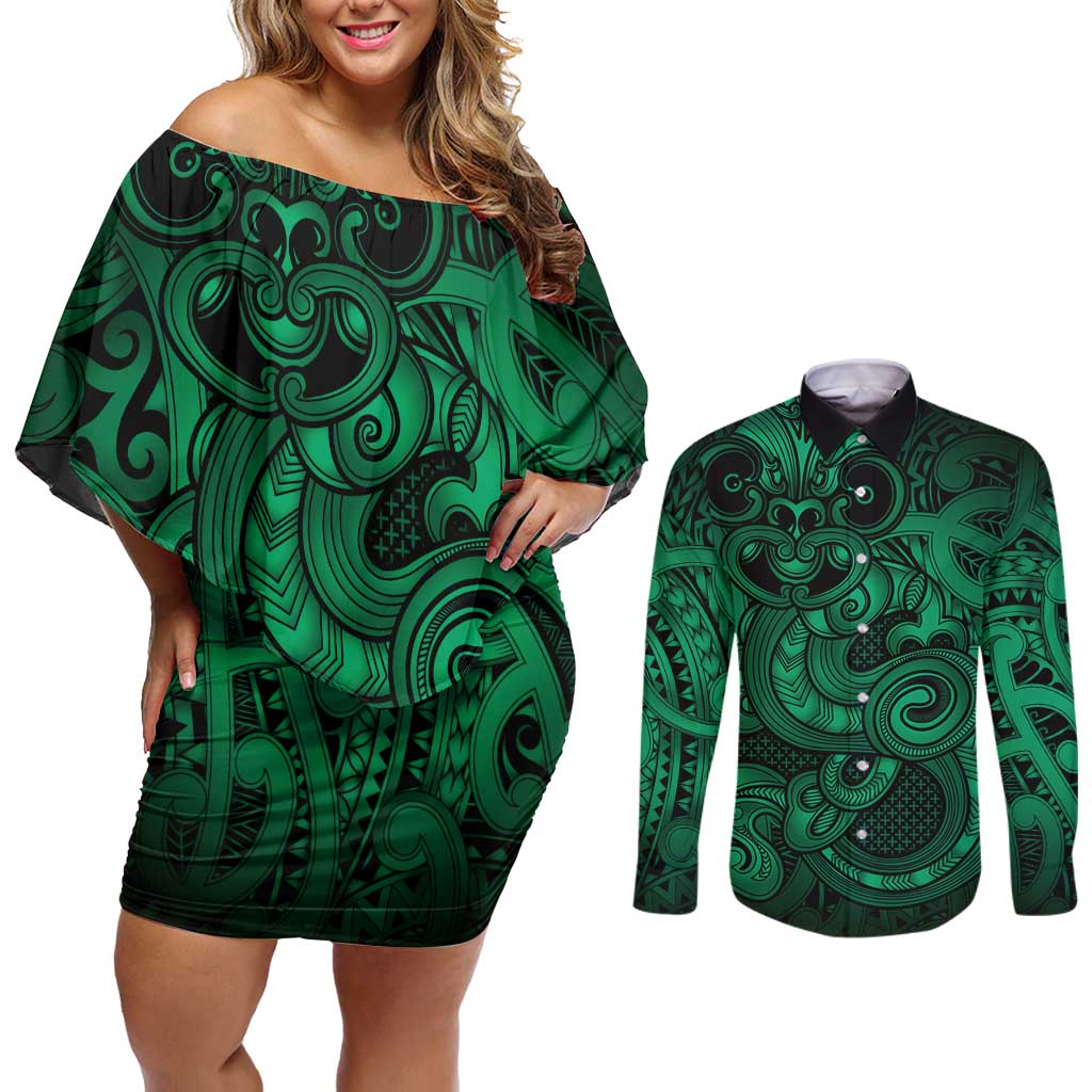 Aotearoa Maori Hei Tiki Couples Matching Off Shoulder Short Dress and Long Sleeve Button Shirt Kakariki Kowhaiwhai Puhoro Motif