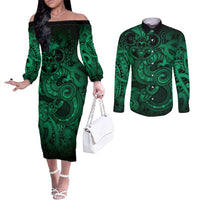 Aotearoa Maori Hei Tiki Couples Matching Off The Shoulder Long Sleeve Dress and Long Sleeve Button Shirt Kakariki Kowhaiwhai Puhoro Motif LT9 Green - Polynesian Pride