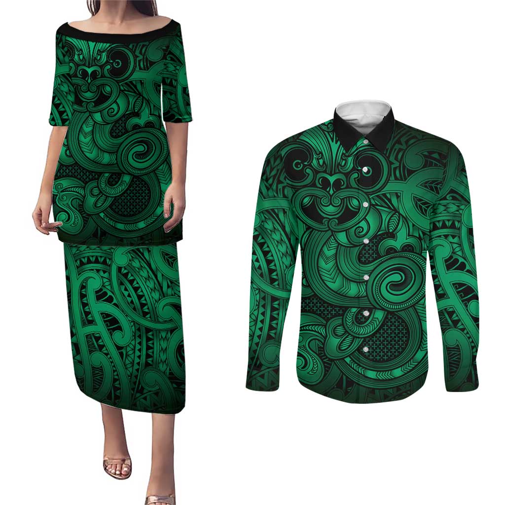 Aotearoa Maori Hei Tiki Couples Matching Puletasi and Long Sleeve Button Shirt Kakariki Kowhaiwhai Puhoro Motif LT9 Green - Polynesian Pride