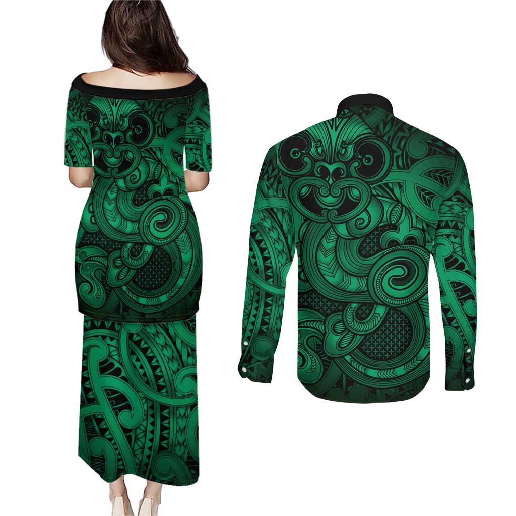 Aotearoa Maori Hei Tiki Couples Matching Puletasi and Long Sleeve Button Shirt Kakariki Kowhaiwhai Puhoro Motif LT9 - Polynesian Pride