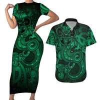 Aotearoa Maori Hei Tiki Couples Matching Short Sleeve Bodycon Dress and Hawaiian Shirt Kakariki Kowhaiwhai Puhoro Motif LT9 Green - Polynesian Pride