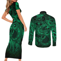 Aotearoa Maori Hei Tiki Couples Matching Short Sleeve Bodycon Dress and Long Sleeve Button Shirt Kakariki Kowhaiwhai Puhoro Motif LT9 - Polynesian Pride
