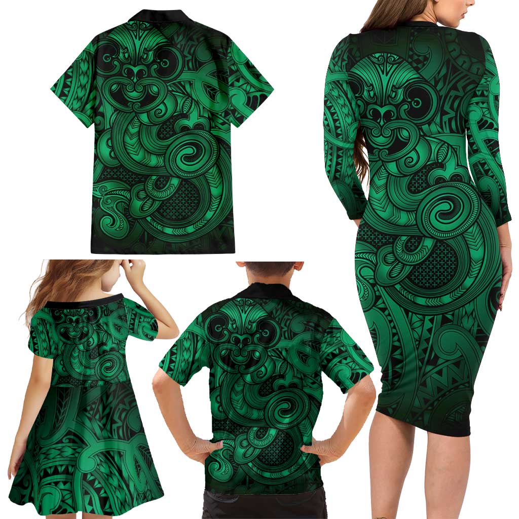 Aotearoa Maori Hei Tiki Family Matching Long Sleeve Bodycon Dress and Hawaiian Shirt Kakariki Kowhaiwhai Puhoro Motif LT9 - Polynesian Pride