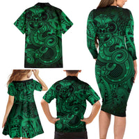 Aotearoa Maori Hei Tiki Family Matching Long Sleeve Bodycon Dress and Hawaiian Shirt Kakariki Kowhaiwhai Puhoro Motif LT9 - Polynesian Pride