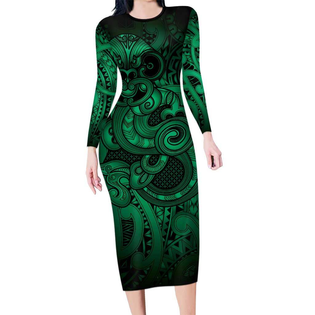 Aotearoa Maori Hei Tiki Family Matching Long Sleeve Bodycon Dress and Hawaiian Shirt Kakariki Kowhaiwhai Puhoro Motif LT9 Mom's Dress Green - Polynesian Pride