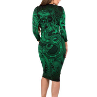 Aotearoa Maori Hei Tiki Family Matching Long Sleeve Bodycon Dress and Hawaiian Shirt Kakariki Kowhaiwhai Puhoro Motif LT9 - Polynesian Pride