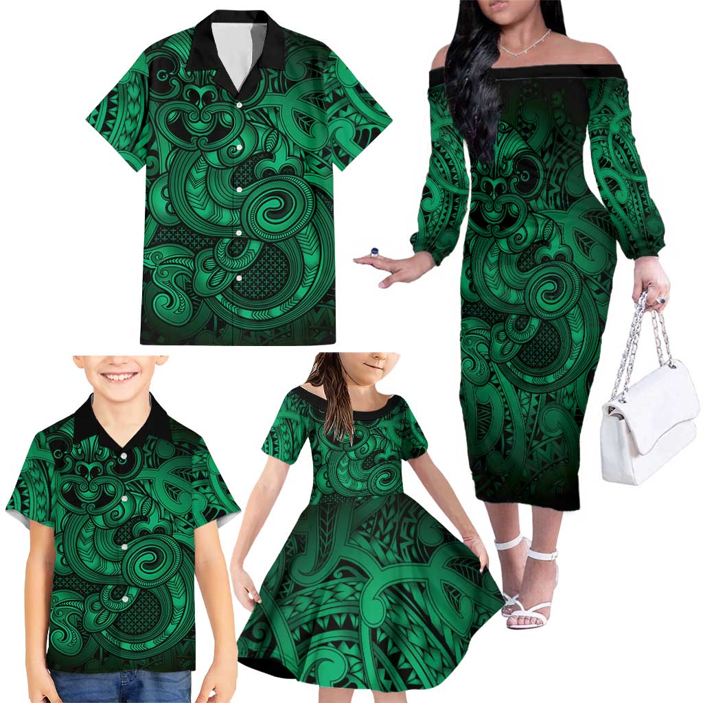 Aotearoa Maori Hei Tiki Family Matching Off The Shoulder Long Sleeve Dress and Hawaiian Shirt Kakariki Kowhaiwhai Puhoro Motif LT9 - Polynesian Pride