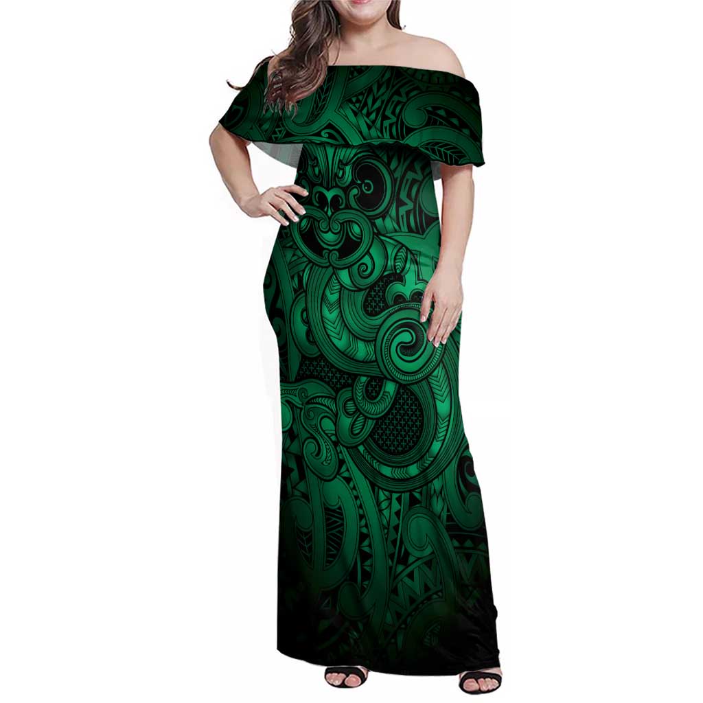 Aotearoa Maori Hei Tiki Family Matching Off Shoulder Maxi Dress and Hawaiian Shirt Kakariki Kowhaiwhai Puhoro Motif LT9 Mom's Dress Green - Polynesian Pride