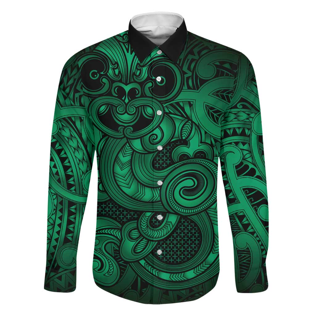 Aotearoa Maori Hei Tiki Family Matching Off Shoulder Short Dress and Hawaiian Shirt Kakariki Kowhaiwhai Puhoro Motif LT9 Dad's Shirt - Long Sleeve Green - Polynesian Pride