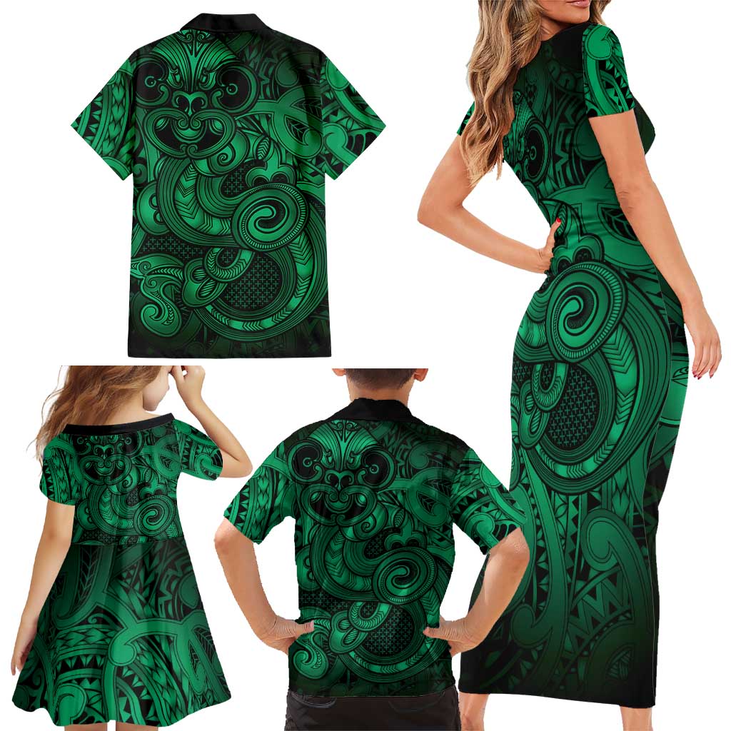 Aotearoa Maori Hei Tiki Family Matching Short Sleeve Bodycon Dress and Hawaiian Shirt Kakariki Kowhaiwhai Puhoro Motif LT9 - Polynesian Pride