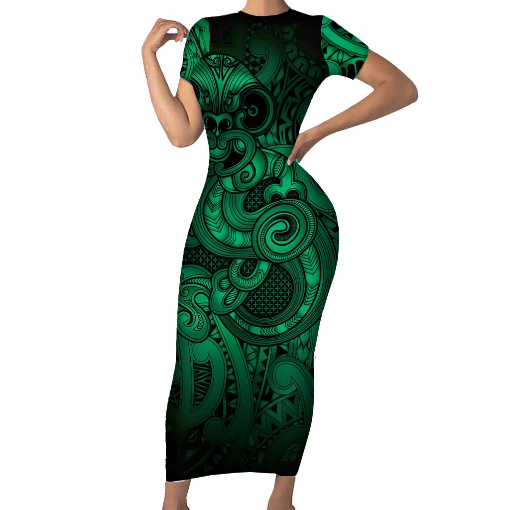 Aotearoa Maori Hei Tiki Family Matching Short Sleeve Bodycon Dress and Hawaiian Shirt Kakariki Kowhaiwhai Puhoro Motif LT9 Mom's Dress Green - Polynesian Pride