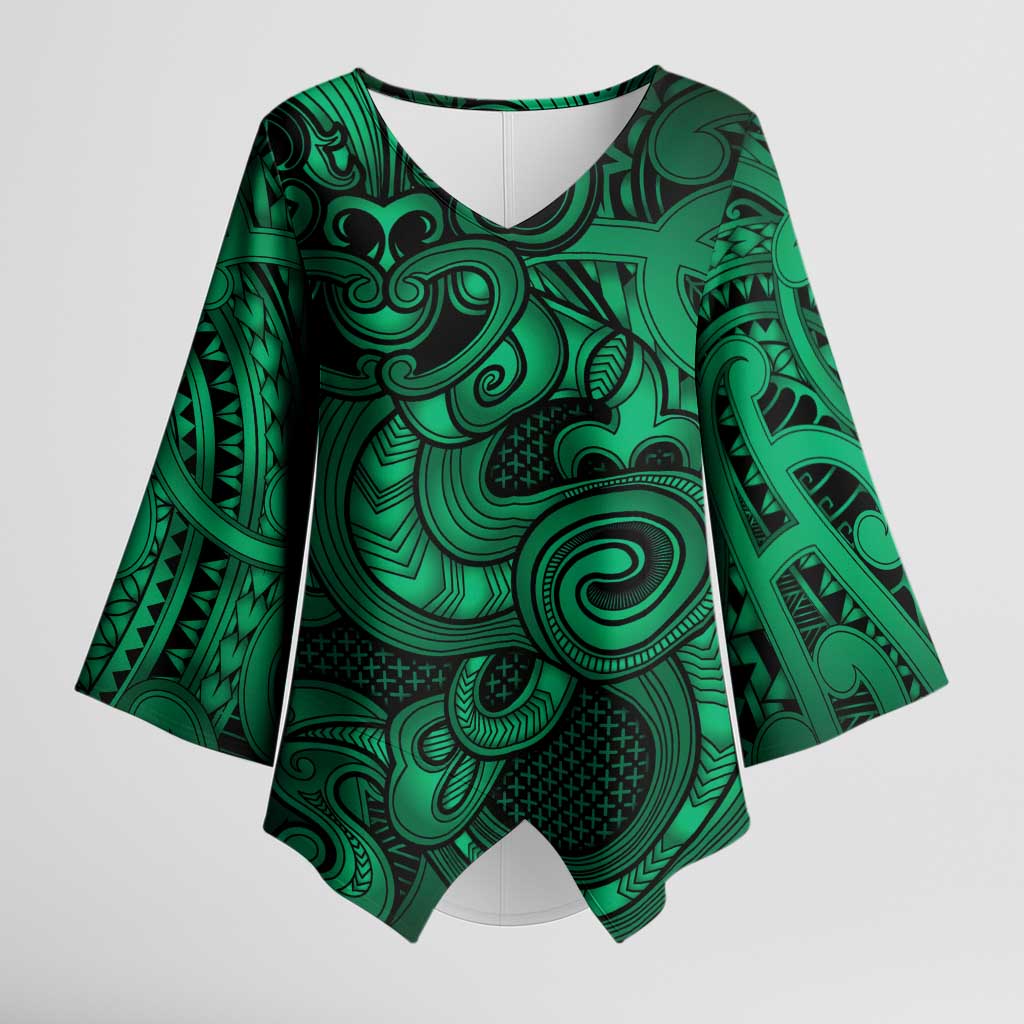 Aotearoa Maori Hei Tiki Kimono Sleeve Blouse Kakariki Kowhaiwhai Puhoro Motif
