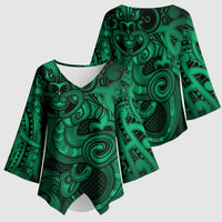 Aotearoa Maori Hei Tiki Kimono Sleeve Blouse Kakariki Kowhaiwhai Puhoro Motif