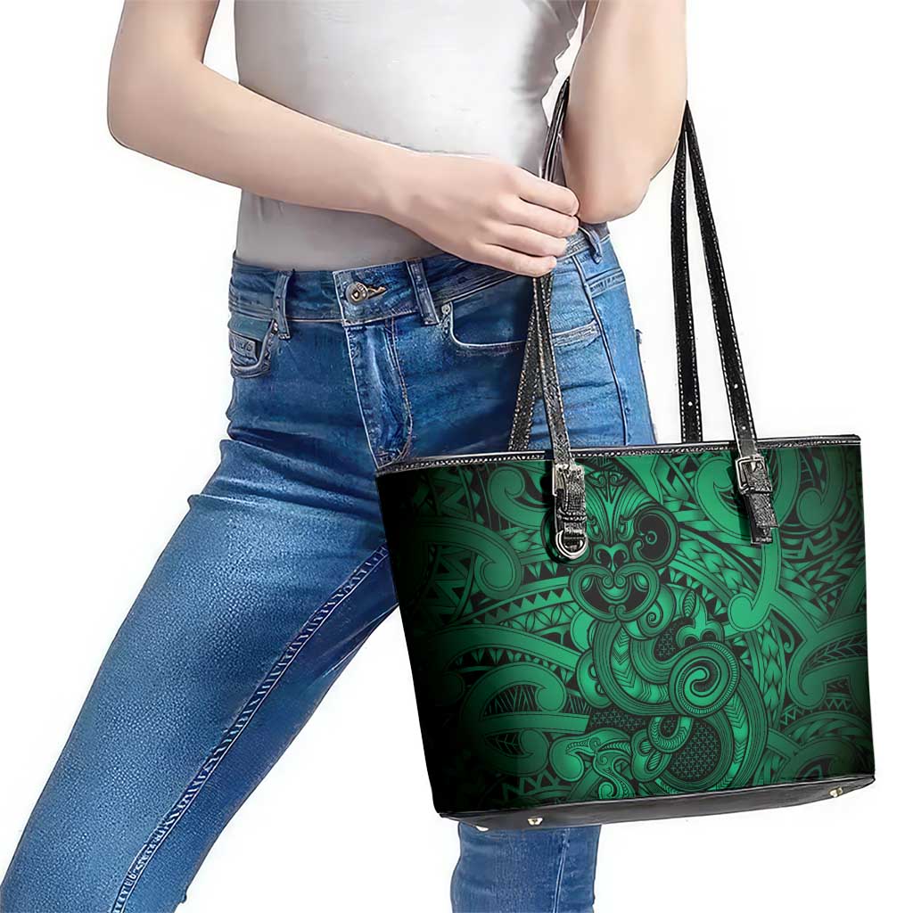 Aotearoa Maori Hei Tiki Leather Tote Bag Kakariki Kowhaiwhai Puhoro Motif