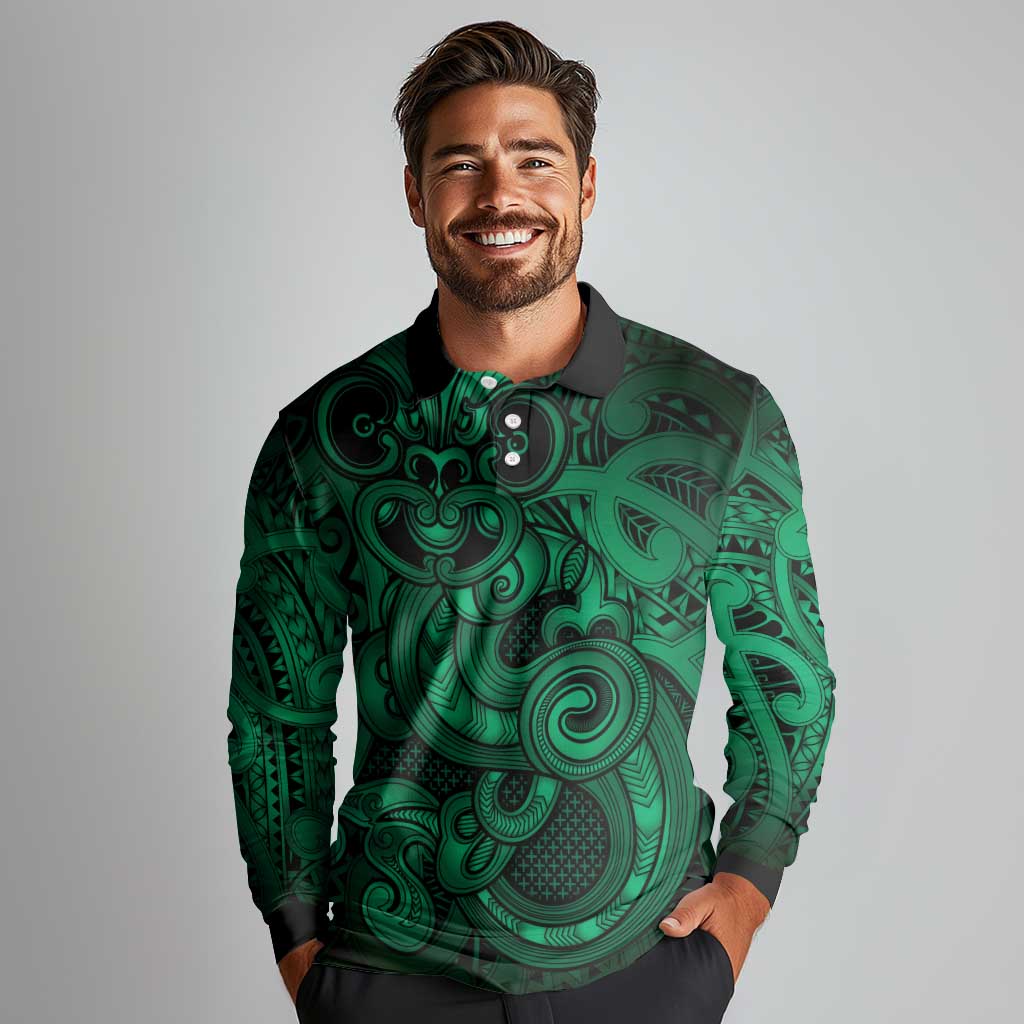 Aotearoa Maori Hei Tiki Long Sleeve Polo Shirt Kakariki Kowhaiwhai Puhoro Motif LT9 - Polynesian Pride
