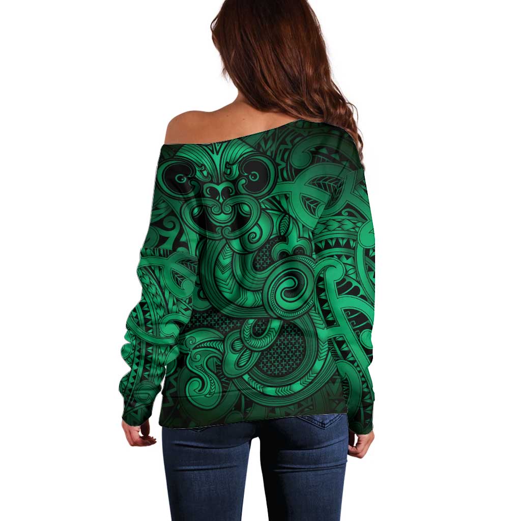 Aotearoa Maori Hei Tiki Off Shoulder Sweater Kakariki Kowhaiwhai Puhoro Motif
