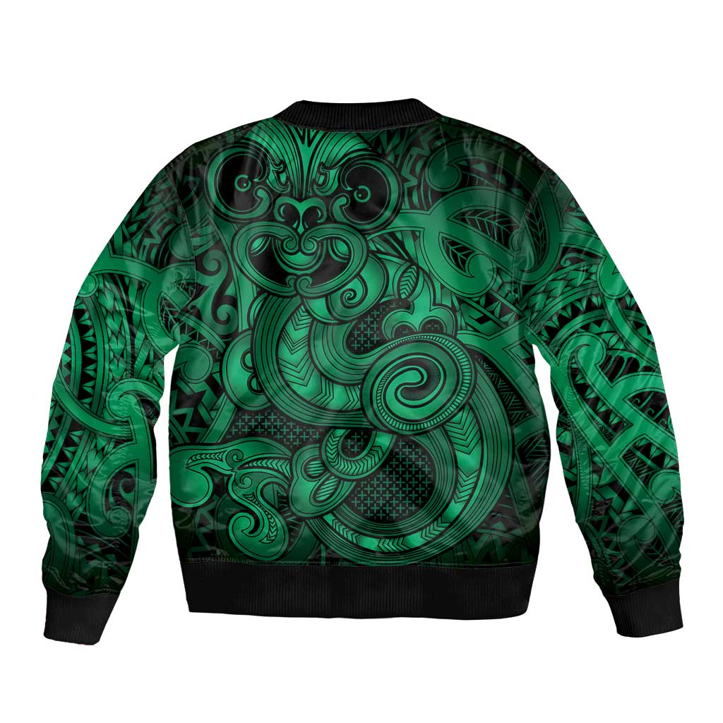 Aotearoa Maori Hei Tiki Sleeve Zip Bomber Jacket Kakariki Kowhaiwhai Puhoro Motif