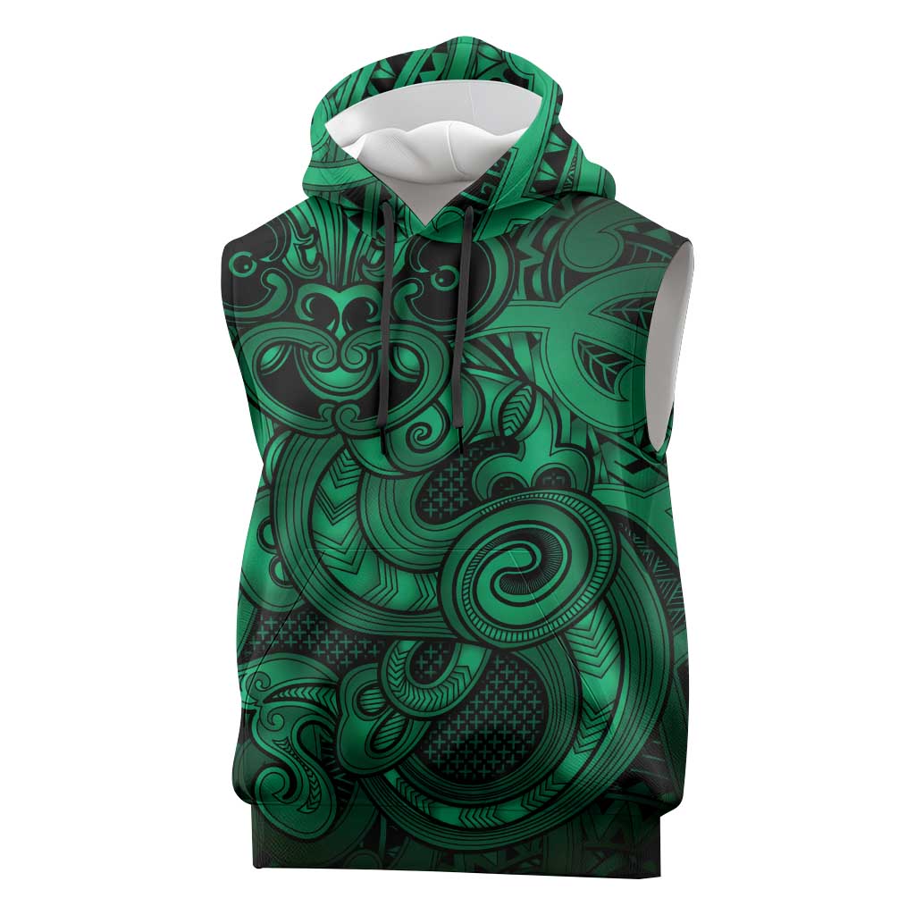 Aotearoa Maori Hei Tiki Sleeveless Hoodie Kakariki Kowhaiwhai Puhoro Motif