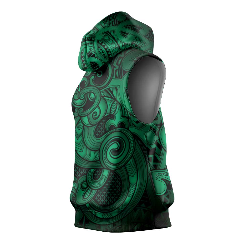 Aotearoa Maori Hei Tiki Sleeveless Hoodie Kakariki Kowhaiwhai Puhoro Motif