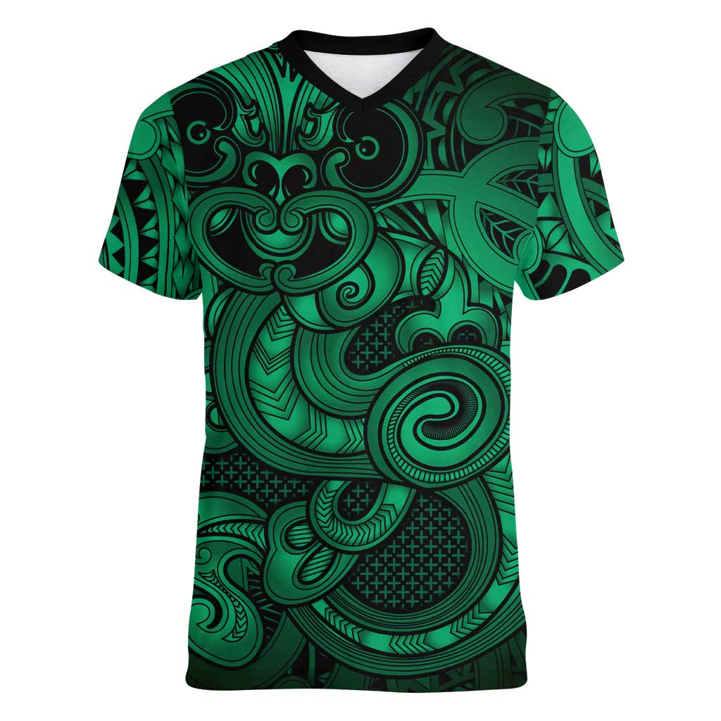 Aotearoa Maori Hei Tiki Women V-Neck T-Shirt Kakariki Kowhaiwhai Puhoro Motif LT9 Female Green - Polynesian Pride